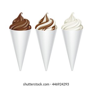 Vector set of 3D Brown White Classic Chocolate Soft Serve Ice Cream Waffle Cone in White Carton Foil Wrapper Close up Isolated on White Background