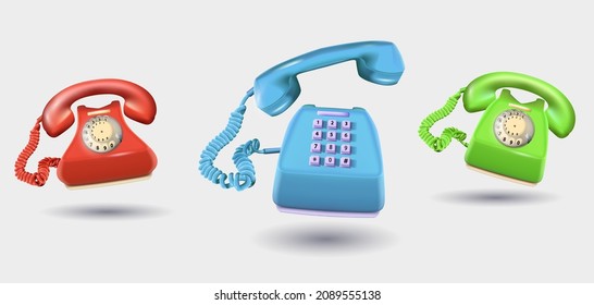 Vector set of 3d cartoon phones with tubes of green, red, blue color Phones with a three-dimensional design