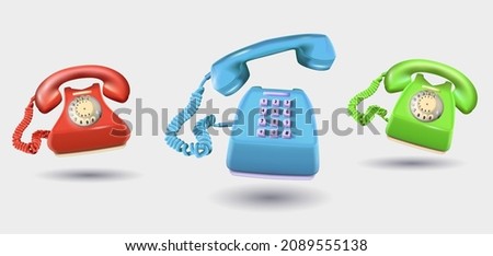 Vector set of 3d cartoon phones with tubes of green, red, blue color Phones with a three-dimensional design