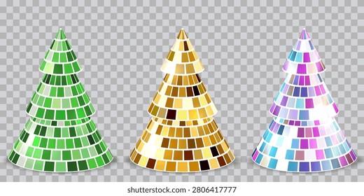 Vector set of 3d Christmas trees with mirrored disco ball texture. Mosaic festive fir design elements with green, gold, holographic glitter tiles for party banner, posters, luxury holiday invitation