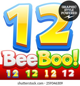 Vector set of 3D colorful children font in cartoon style. Optional different colors. Numbers 1 2