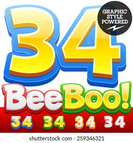 Vector set of 3D colorful children font in cartoon style. Optional different colors. Numbers 3 4