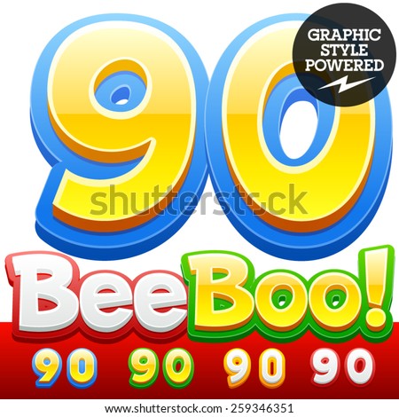 Vector set of 3D colorful children font in cartoon style. Optional different colors. Numbers 9 0
