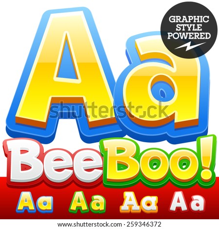 Vector set of 3D colorful children font in cartoon style. Optional different colors. Letter A