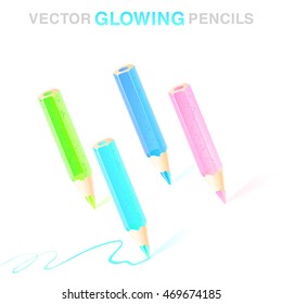 Vector set of 3d colorful pencils. Glossy plastic tubes filled with bright glowing liquid. Unusual luminous decorative pencils of green, cyan, blue and pink. Angle of slanted objects is 22 degrees. 