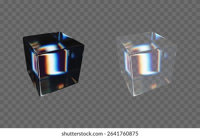 Vector set of 3D cubes with dispersion effect png. Glass cube from different sides png. Dispersion effect.