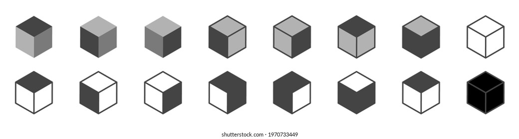 Vector set of 3d cubes icons. Vector set of cubes in different styles. Cube icons in different perspectives. Block icons set with different color walls. Vector illustration.