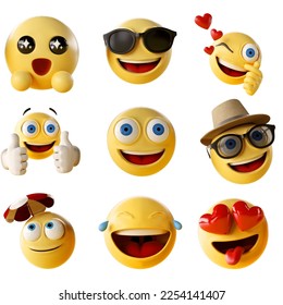 Vector set of 3D emoticons with happy, laughing and falling in love expressions