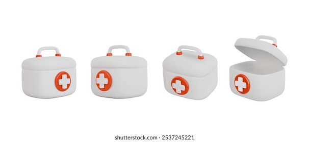 Conjunto vetorial de kits de primeiros socorros 3D, fechados e abertos com um emblema em forma de cruz, para situações de emergência, proporcionando acesso imediato a cuidados médicos.