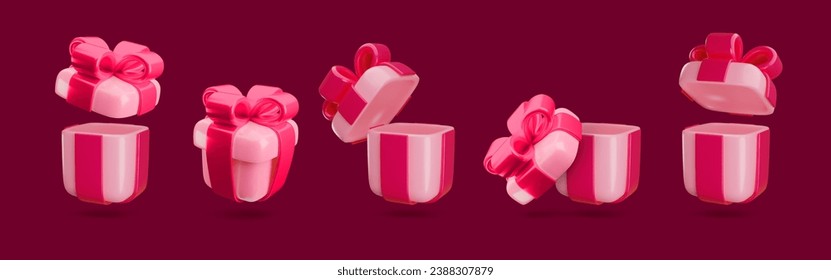 Vector set of 3d gift boxes. Cute realistic open and closed pink presents with red bow and ribbon on dark background. Minimal cartoon 3d render flying gift box illustration for Xmas, Valentines design