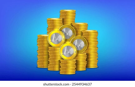 Vector set of 3d gold silver tokens. Stacks of metal coins, denomination of one European euro. Big piles of money. Gold coinage. Europe.