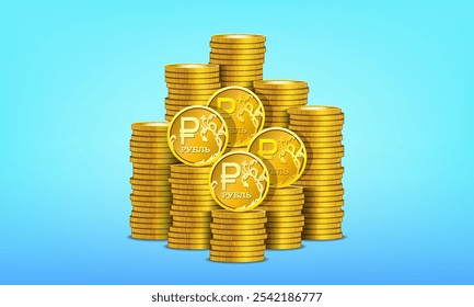 Vector set of 3d gold tokens. Stacks of metal coins, denomination Russian Federation ruble. Big piles of money. Golden coinage.