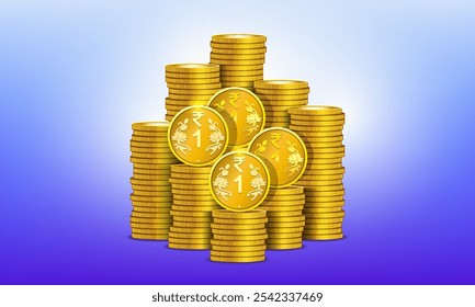 Vector set of 3d gold tokens. Stacks of metal coins, denomination Indian rupee. Big piles of money. Golden coinage. Republic of India.