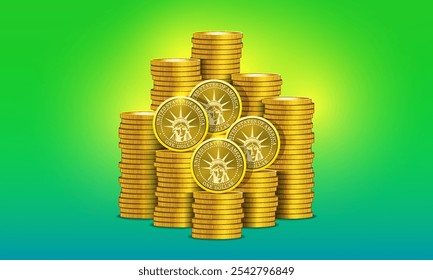 Vector set of 3d gold tokens. Stacks of metal coins, denomination of one US dollar. Big piles of money. Gold coinage. United States of America.