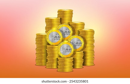 Vector set of 3d gold tokens. Stacks of metal coins, denomination one pound UK. Big piles of money. Golden coinage of Great Britain. Bank of England and crown.