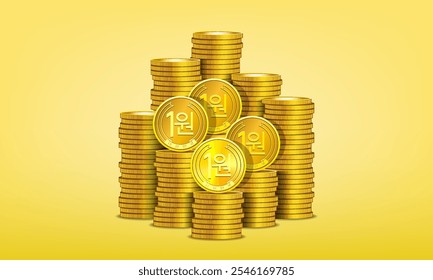 Vector set of 3d gold tokens. Inscription in Korean means 1 won and Republic of Korea. Stacks of metal coins. Big piles of money. Golden coinage.