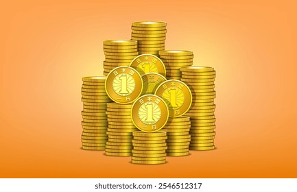 Vector set of 3d gold tokens. Inscription in Japanese means country Japan and one yen. Stacks of metal coins. Big piles of money. Gold coinage.