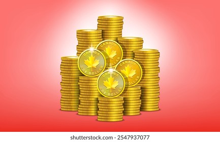 Vector set of 3d gold tokens. Stacks of metal coins, denomination of one canadian dollar. Big piles of money. Gold coinage. Canada.