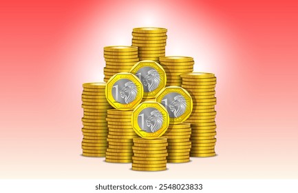 Vector set of 3d gold tokens. Denomination one Singaporean dollar. Stacks of metal coins. Big piles of money. Gold coinage. Singapore.