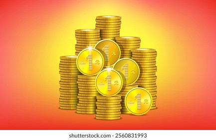 Vector set of 3d gold tokens. Stacks of metal coins, denomination of one chinese yuan. Big piles of money. Gold coinage. China.