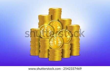Vector set of 3d gold tokens. Stacks of metal coins, denomination Indian rupee. Big piles of money. Golden coinage. Republic of India.