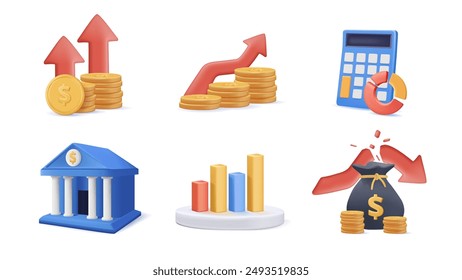 Vector Set of 3D Icons Related to investment strategy, trade service, finance management. 3D style Pictograms and Infographics Design Elements