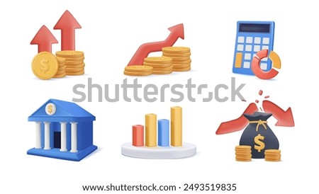 Vector Set of 3D Icons Related to investment strategy, trade service, finance management. 3D style Pictograms and Infographics Design Elements