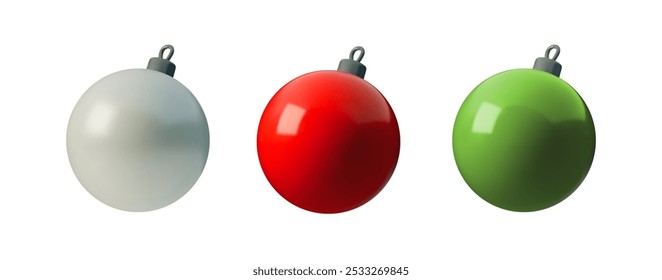 Vector set 3D illustration of smooth red, silver and green Christmas ornament balls. Minimalist design, perfect for holiday decorations, festive cards, and New Year themes