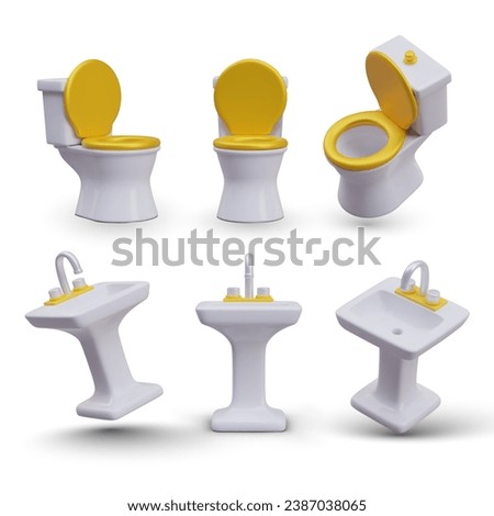Vector set of 3D illustrations. Porcelain toilets with gold seats, washstands with faucet. Objects in vertical and tilted position. Luxurious modern sanitary ware, cleaning and plumbing service