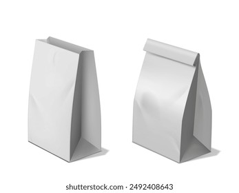 A vector set of 3D illustrations showing white paper bags, both closed and open, on a separate background. Ideal for presenting sweets and snacks packaging.