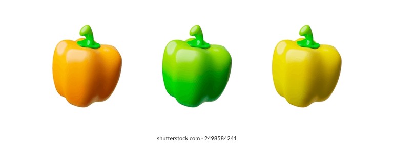 Conjunto de Vector de ilustraciones 3D de pimientos amarillos y verdes dulces, ideal para temas de nutrición y Imágenes de cocina vegetariana sobre un fondo aislado.