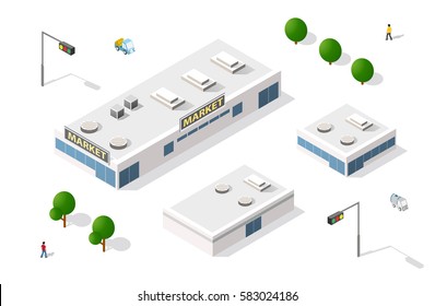Vector set 3D isometric shopping mall building supermarket icons infographic elements