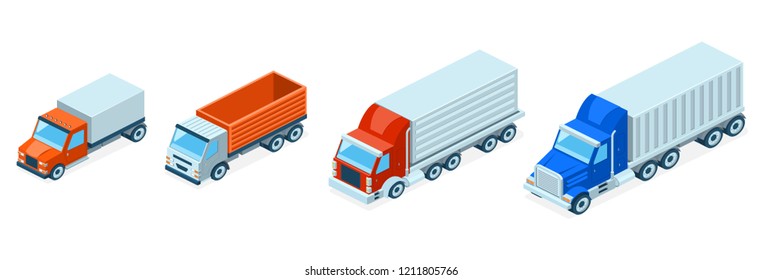 Vector set of 3d isometric trucks, multi-ton vehicles. Cars with cargo isolated on white background. Van, lorry in red, grey and blue colors. Shipping, delivery concept. Transport collection.