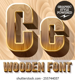Vector set of 3D luxury wooden font in golden border. Letter C