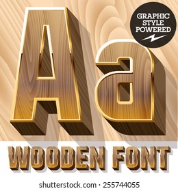 Vector set of 3D luxury wooden font in golden border. Letter A