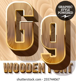 Conjunto de vectores de fuente de madera de lujo 3D en borde dorado. Letra G