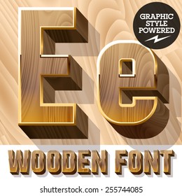 Vector set of 3D luxury wooden font in golden border. Letter E