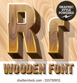 Vector set of 3D luxury wooden font in golden border. Letter R