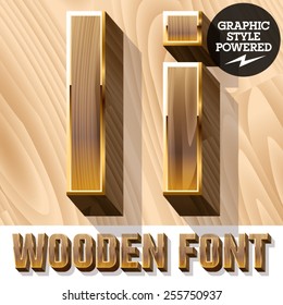 Vector set of 3D luxury wooden font in golden border. Letter I