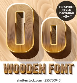 Vector set of 3D luxury wooden font in golden border. Letter O