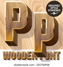 Conjunto de vectores de fuente de madera de lujo 3D en borde dorado. Letra P