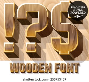 Vector set of 3D luxury wooden font in golden border. Symbols