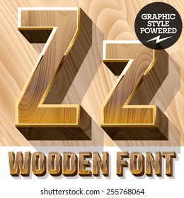 Vector set of 3D luxury wooden font in golden border. Letter Z