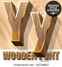 Vector set of 3D luxury wooden font in golden border. Letter Y