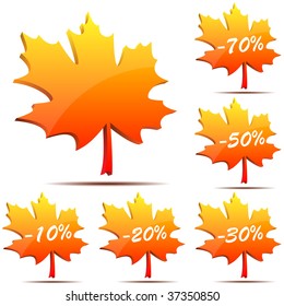 Vector set of 3D maple leaf discount labels isolated on white background.