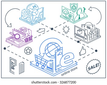 Vector set of 3D online store icons.  E-commerce sales and online shopping. Modern line style 
