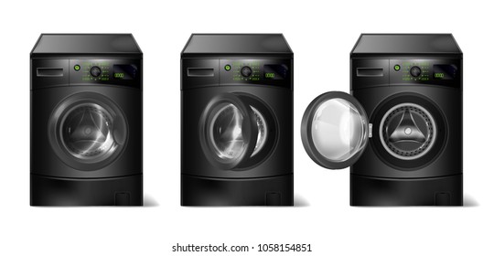 Vector set of 3d realistic black washing machines, compact washer with front-loader, with open and closed door isolated on background. Modern household appliance for laundry, mockup for your design