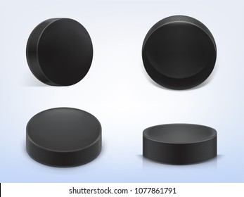 Vector set of 3d realistic black rubber pucks for play ice hockey isolated on light background. Sport equipment, hard round disk, inventory for winter team game on skating rink