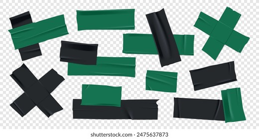 Conjunto de Vector de cinta adhesiva 3D realista en negro y verde. Trozos rotos de cinta adhesiva aislados sobre fondo transparente. Cinta adhesiva PNG. 