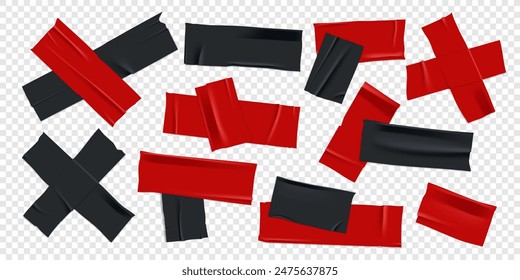 Conjunto de Vector de cinta adhesiva 3D realista negra y roja. Trozos rotos de cinta adhesiva aislados sobre fondo transparente. Cinta adhesiva PNG. 